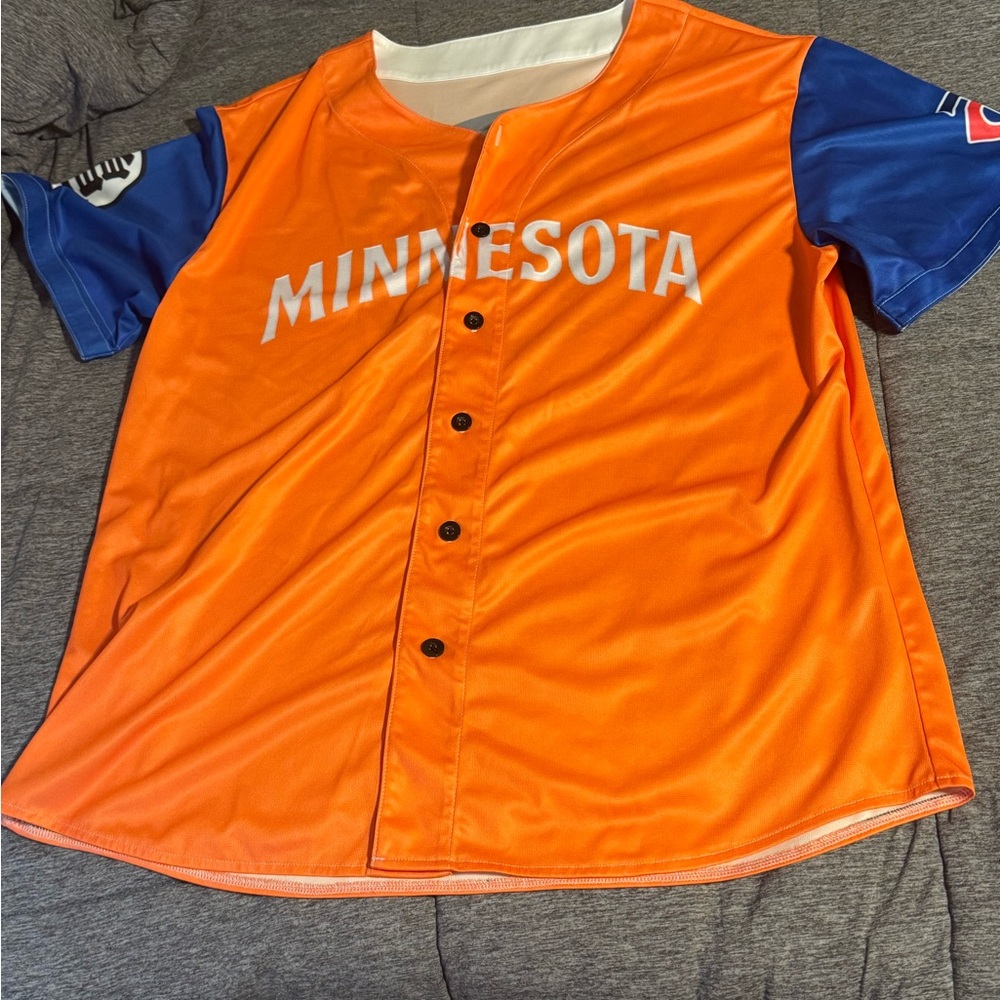Orange and Blue Baseball Jersey with Minnesota Text